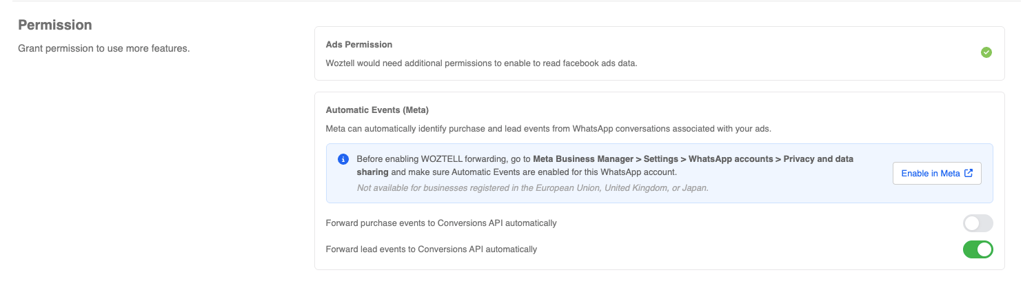 Permission section with Ads Permission granted and lead event forwarding enabled