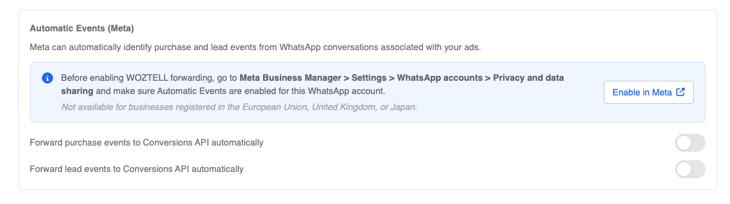 Automatic Events (Meta) block in the Permission section of the WOZTELL channel
