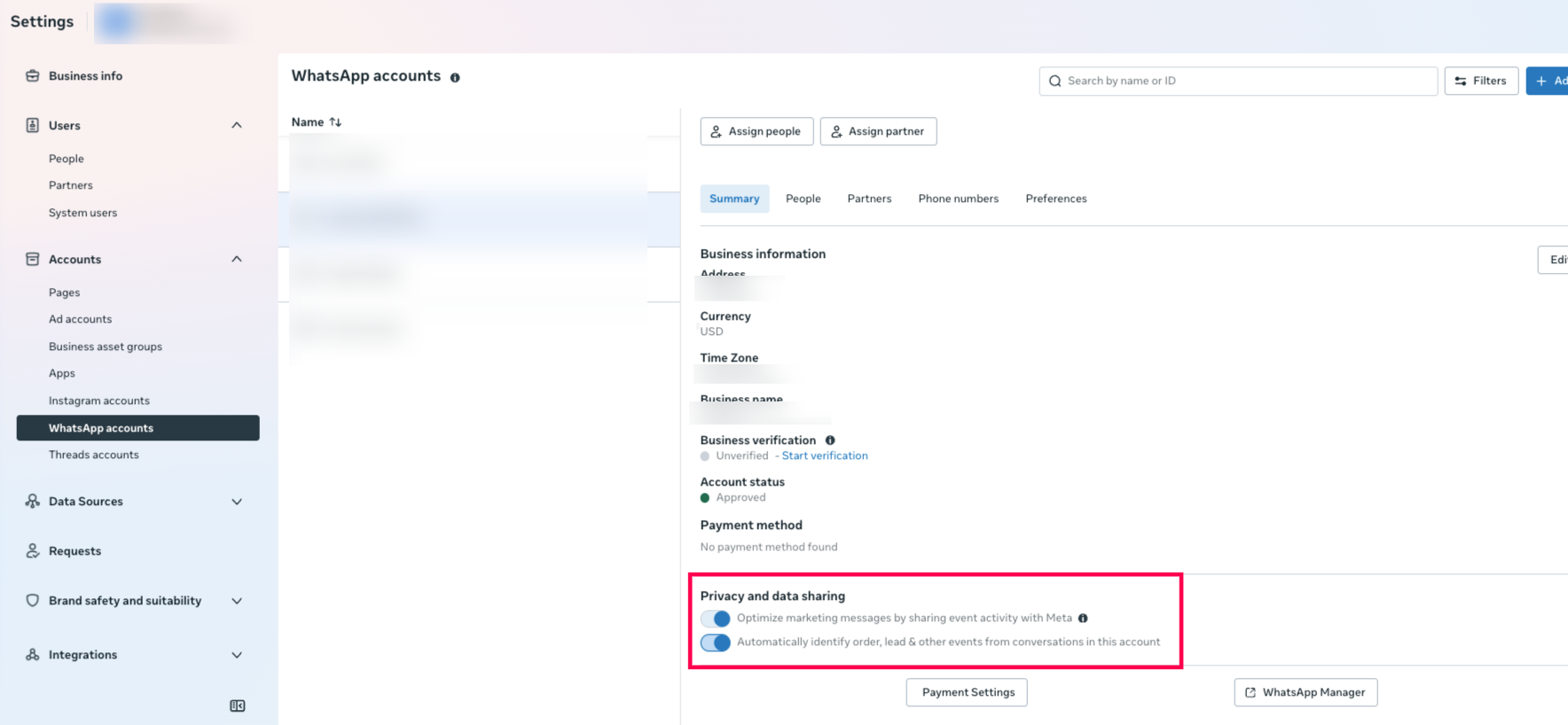 Privacy and data sharing section in Meta Business Manager with the automatic identification toggles enabled