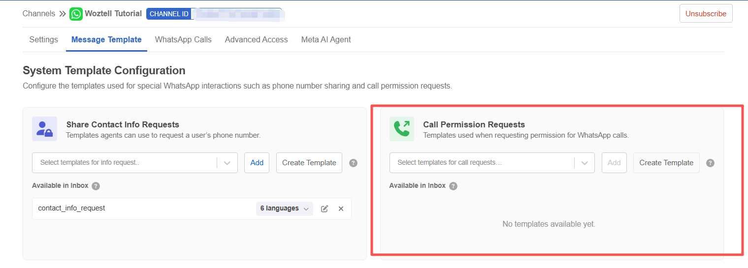 Creating a template with the Calling Permission component