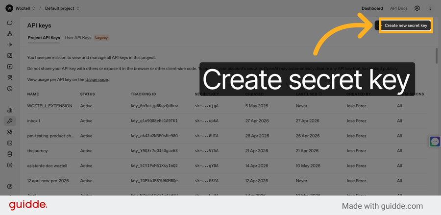 Figura 4 - Crear una nueva secret key en OpenAI.